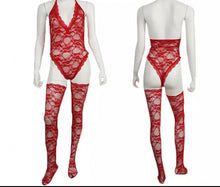 Load image into Gallery viewer, White or Red Lace one -piece  onesie with thigh high sock
