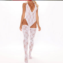 Load image into Gallery viewer, White or Red Lace one -piece  onesie with thigh high sock

