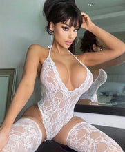 Load image into Gallery viewer, White or Red Lace one -piece  onesie with thigh high sock
